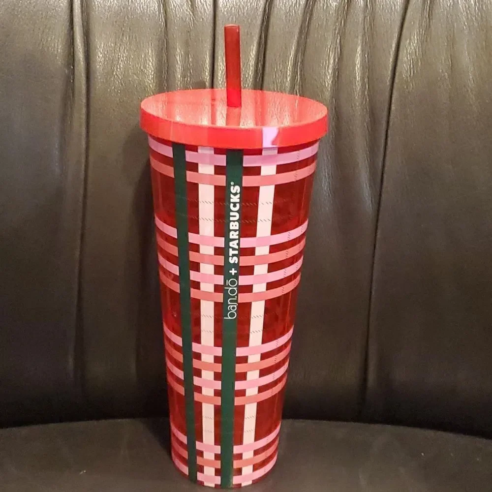 STARBUCKS Ban.do‎ 2018 Holiday Pink Plaid Tumbler Venti Travel Cup - 24 O…